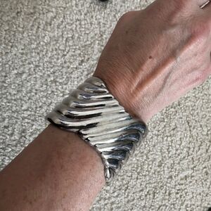 Vintage Sterling Silver Vintage Mexico Ribbed Wide Cuff Bracelet